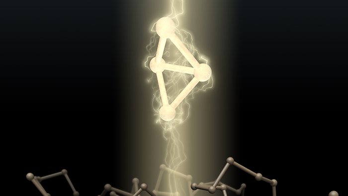 An artist's depiction of a bacterial enzyme and the high-energy carbon ring it created.