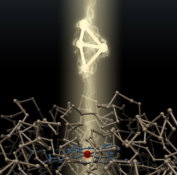 An artist's depiction of a bacterial enzyme and the high-energy carbon ring it created.