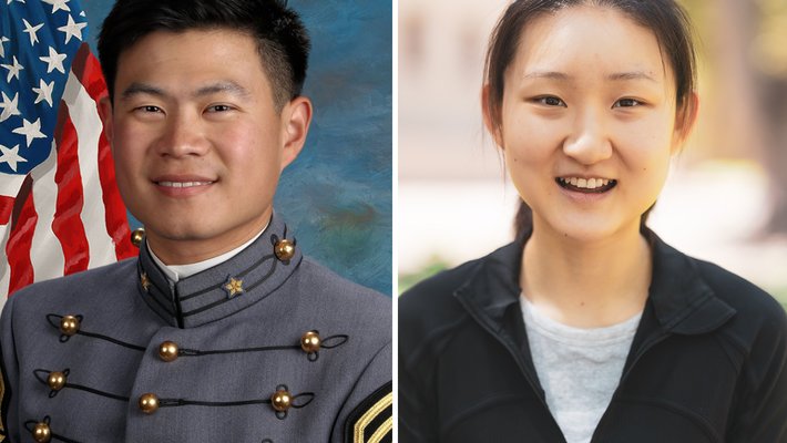 A young man in a military uniform with the American flag behind him on the left, and a young woman wearing a black jacket and gray shirt on the right.