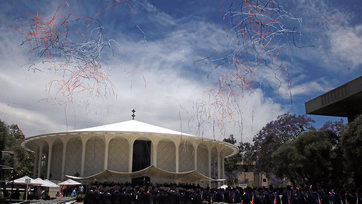photo of confetti over Beckman Mall at Commencement
