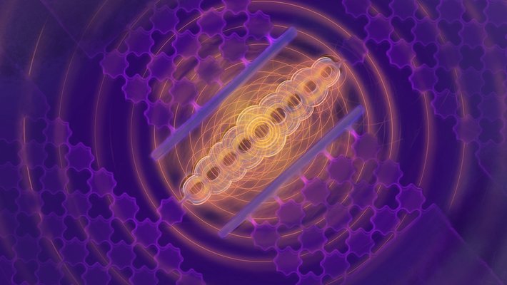 An artist's concept of a quantum memory storage device. It is rectangular and surrounded by a grid of smaller squares. Sound waves seem to radiate within it and out of it.