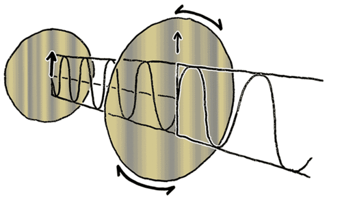 An animated gif showing a light wave with vertical polarization entering a filter and its polarization being rotated to horizontal.