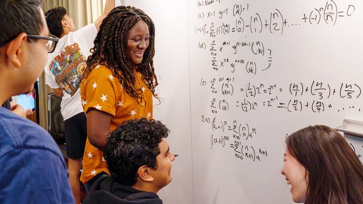 Second-year undergraduate and FSRI math teaching assistant Mario Solis; first-year undergraduates and FSRI students Steven Romero-Ruiz, Angie Moussambote, Edvar Bautista Flores, and Gabo Zhang.