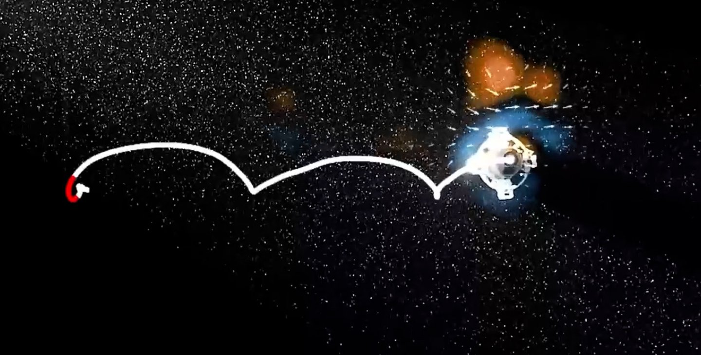 The trajectory of a small underwater robot is traced through the dark water in white ink, bouncing along. Arrows indicate a vortex ring near the robot.