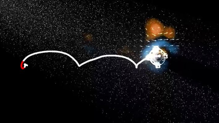 The trajectory of a small underwater robot is traced through the dark water in white ink, bouncing along. Arrows indicate a vortex ring near the robot.