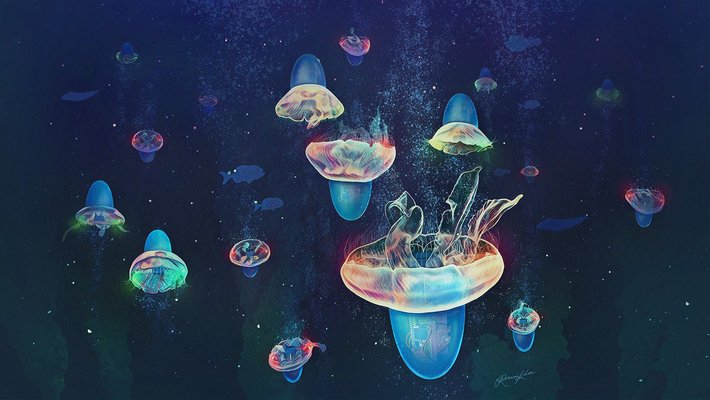 An artistic rendering of jellyfish swimming with streamlined caps on their bells.