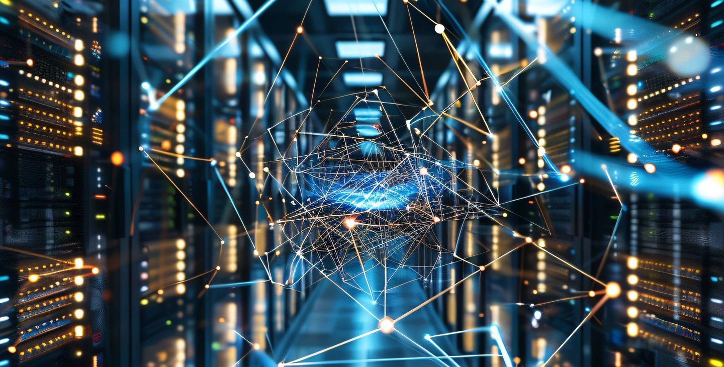 Picture of data center with supercomputers arranged in banks on opposite sides of a hallway. Many lights are visible and beams of light between the supercomputers have been added for effect.