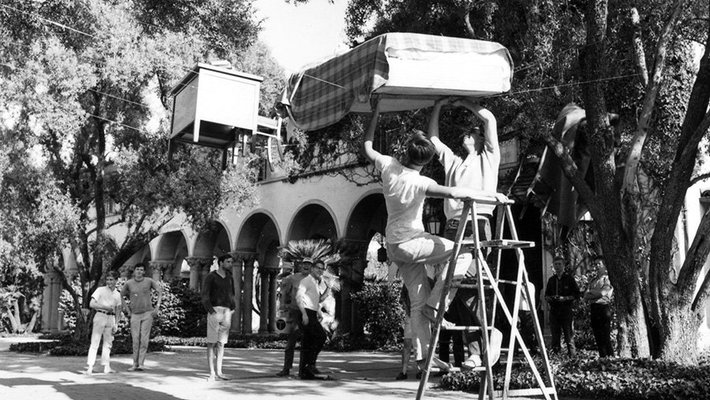 Black and white photo of Ditch Day in 1966, with hanging furntiture