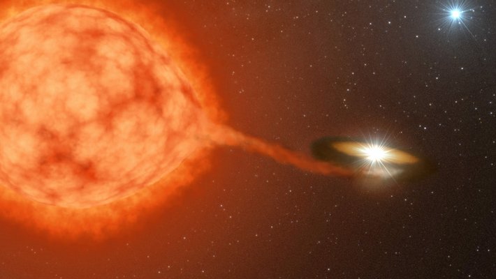 Artwork shows a puffy red star next to a white dwarf, with a third star in the background.