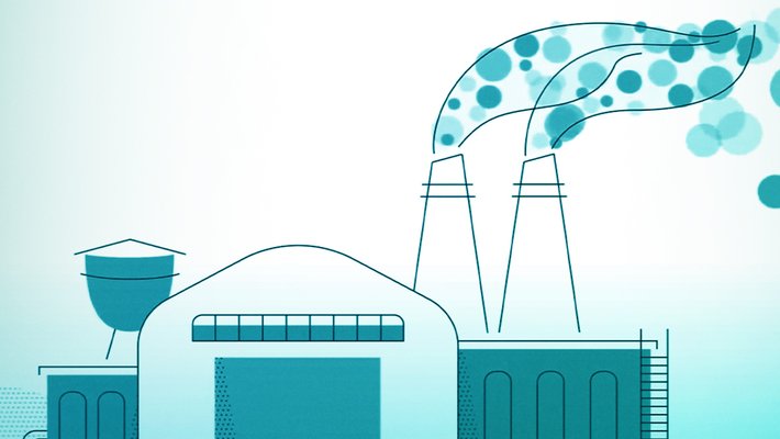 graphic of buildings and machines emitting chemicals into atmosphere