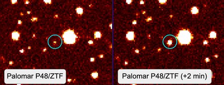 Pictures taken by ZTF show the object of interest brightening over two minutes.