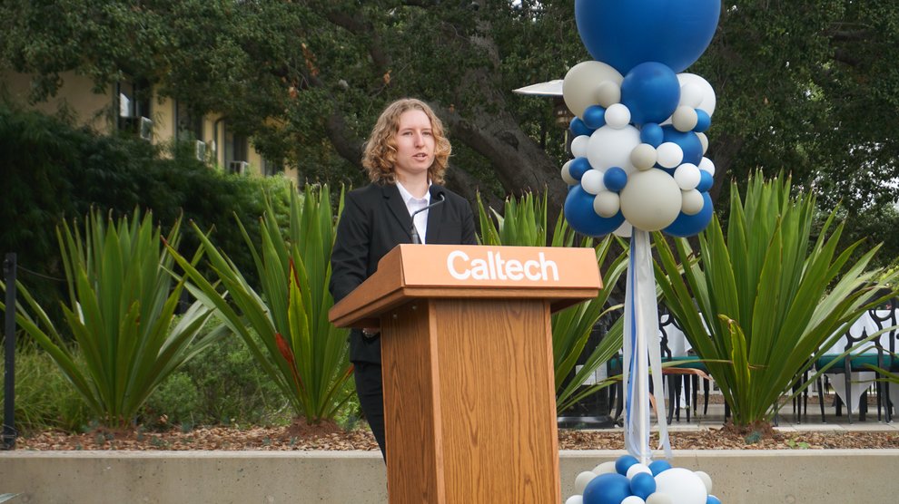 Elin Stenmark speaks at the unveiling ceremony.