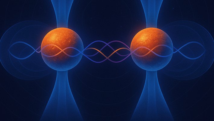 Artwork showing two balls (atoms) and lines between them (entanglement)