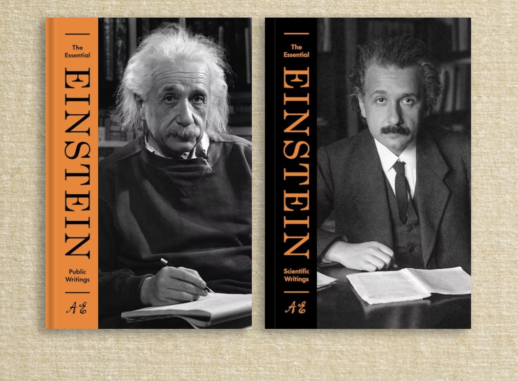 book jackets for the Essential Einstein, scientific writings and public writings. Each volume has a picture of Einstein on the cover.