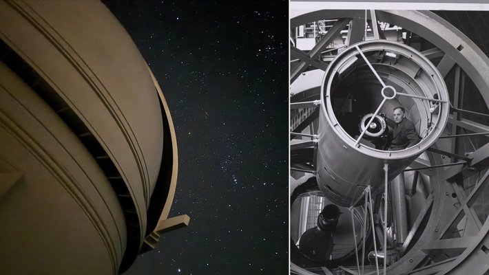 Palomar today (left); vintage image of the telescope (right)