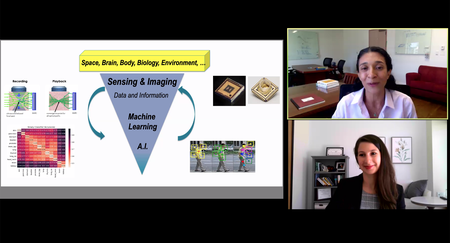 Azita Emami and Katherine Bouman alongside a chart displaying sensors and machine code.
