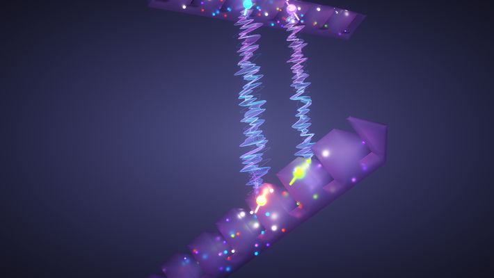An artistic representation of a multiplexed quantum network showing qubits glowing in beams on two sides with squiggles representing entanglement in the middle.