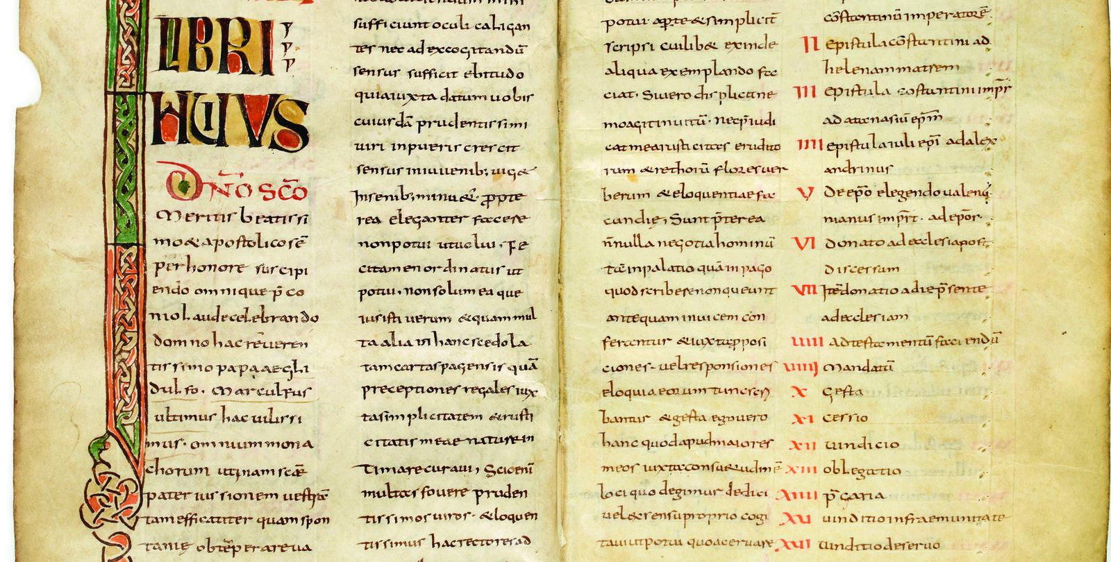 An example of a manuscript from the early Middle Ages. The lettering is done in elaborate caligraphy and the paper is very aged.