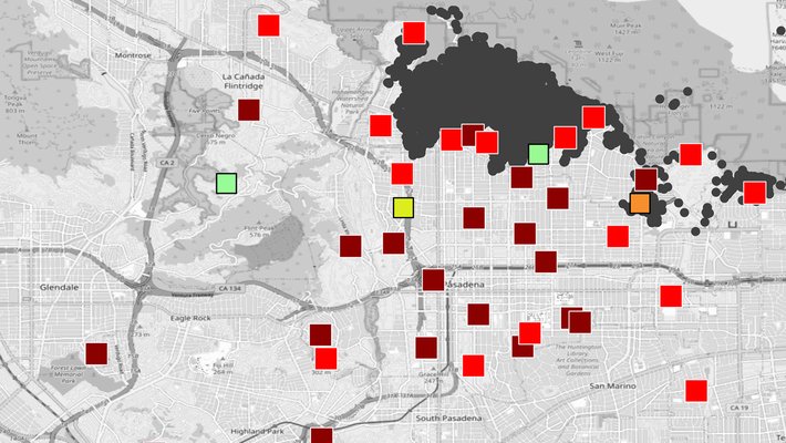 Map of Altadena with red and green squares indicating lead levels in samples