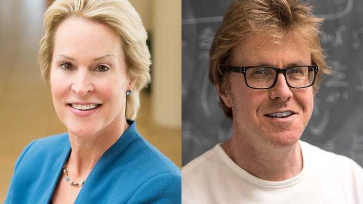 A side-by-side portrait of Frances Arnold and Andrew Stuart.