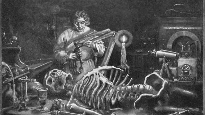 Drawing of Victor Frankenstein working on his monster. A skeleton lies on the table in front of him