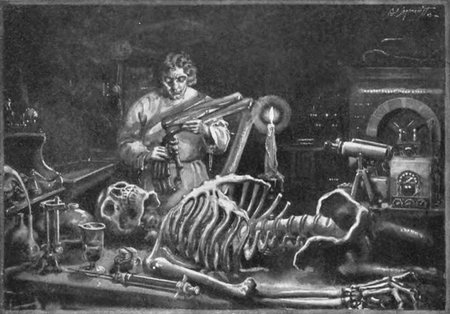 Drawing of Victor Frankenstein working on his monster. A skeleton lies on the table in front of him