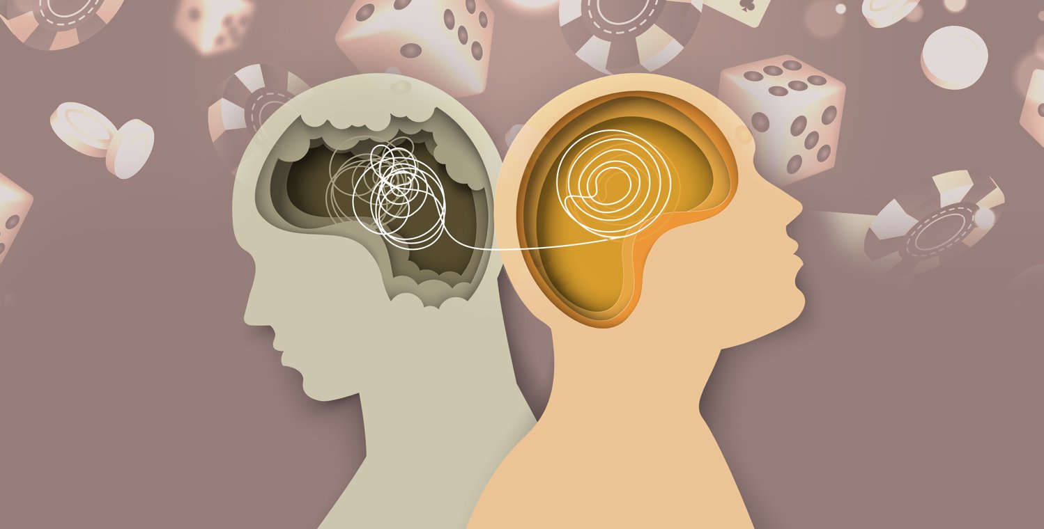 A graphic featuring dice, poker chips, and a roulette wheel in the background with two silhouettes of humans, each with a coiled or multiply coiled thread in their brains.