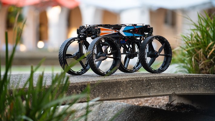 A small, four-wheeled robot perches on a cement bridge with plants on either side.