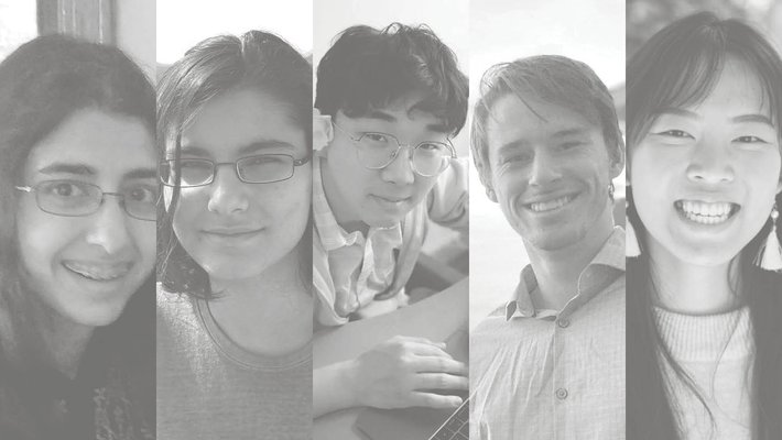 Collage of five students in black and white
