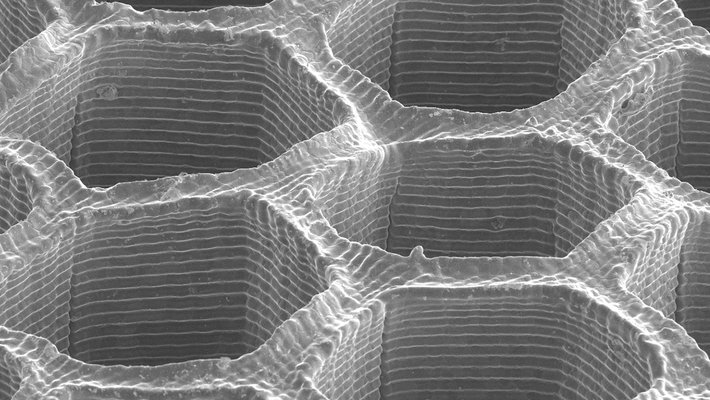 black and white microscopy image featuring layered hexagons