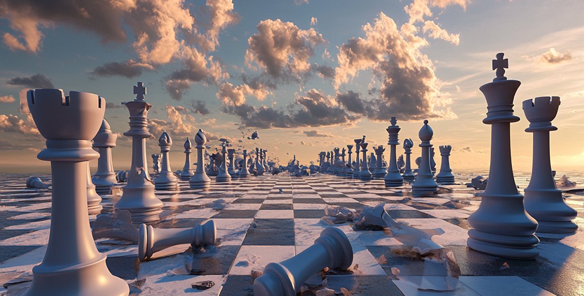 A collage of a chessboard against the sky with clouds