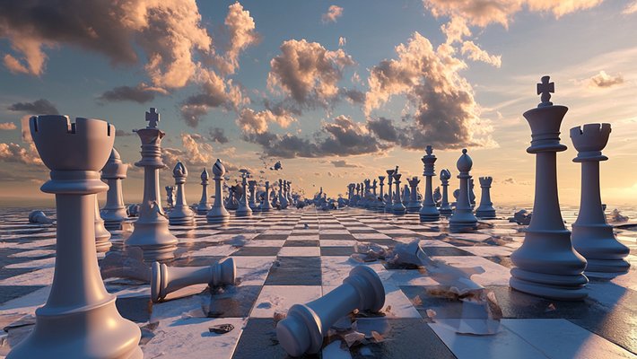 A collage of a chessboard against the sky with clouds