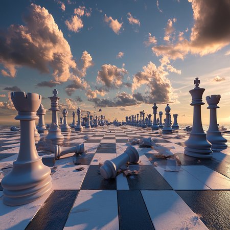A collage of a chessboard against the sky with clouds