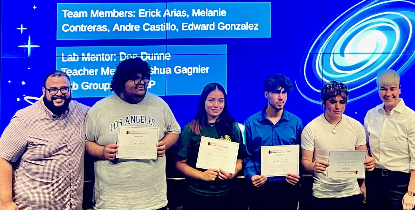 Six people stand smiling in front of a screen that says "Lyman Alpha Emiting Galaxies Analysis"