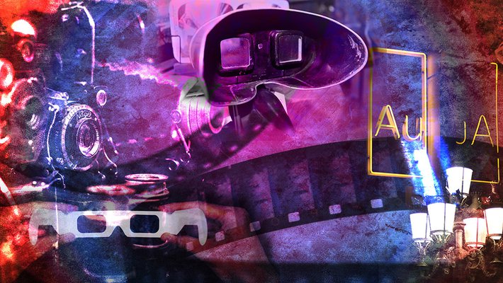 A colorful collage consisting of imagery of neon signs, art, and 3D glasses