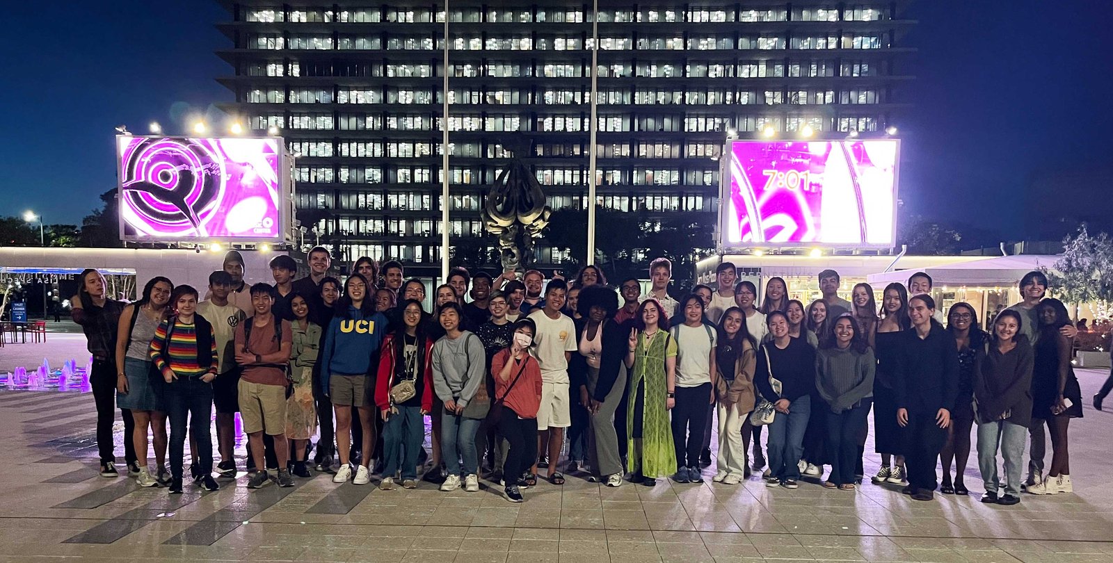 Caltech students outside the Ahmanson Theatre on a trip to see Hadestown