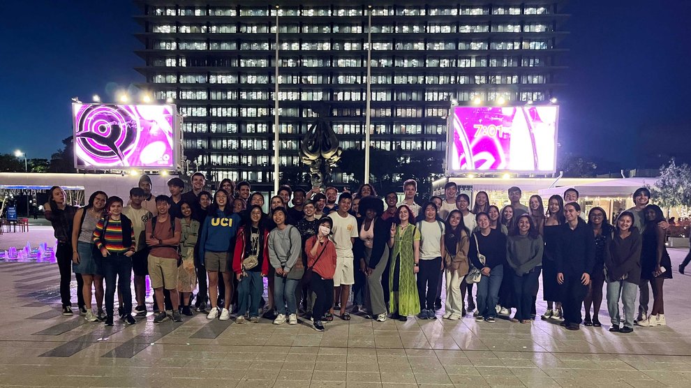 Caltech students outside the Ahmanson Theatre on a trip to see Hadestown