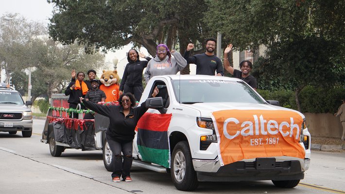Caltech students and staff alongside their float in the Pasadena Black History Month parade