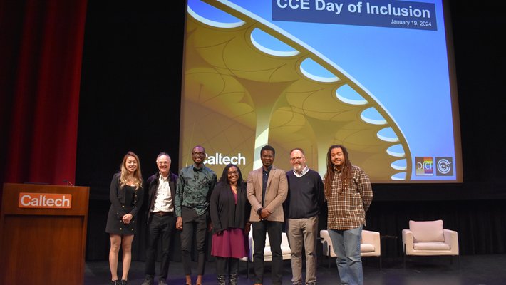 L-R: Melinda Chan, Doug Rees, André Isaacs, Lindsey Malcom-Piqueux, Richmond Sarpong, Brian Stoltz, and William Clemons