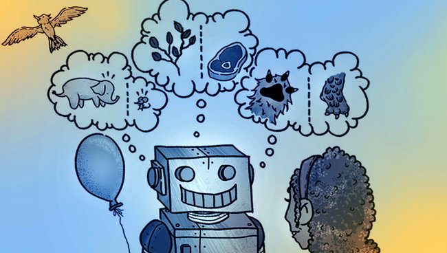 blue and yellow filtered illustration of a robot thinking