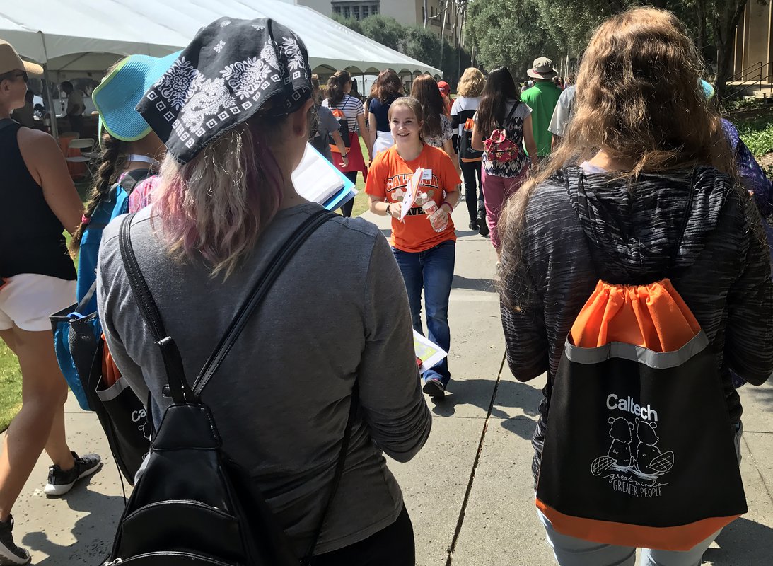 Caltech senior Madelyn Stroder leads a tour of prospective female students and their families at a Caltech Summer Preview event highlighting women in STEM on Friday, July 27.