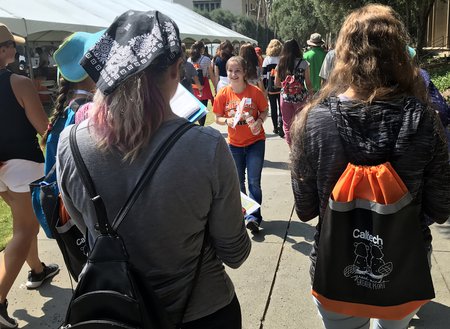 Caltech senior Madelyn Stroder leads a tour of prospective female students and their families at a Caltech Summer Preview event highlighting women in STEM on Friday, July 27.