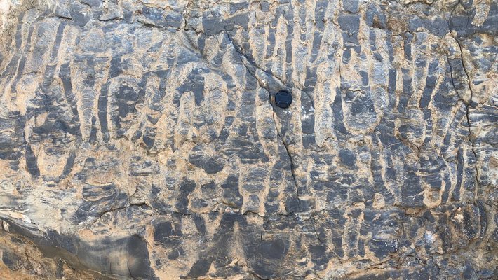 Vertical stripes of gray through beige rock