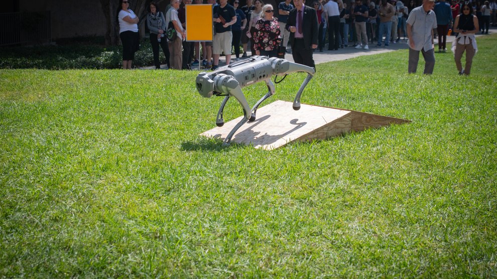 The Unitree Quadruped robot does a demonstration.