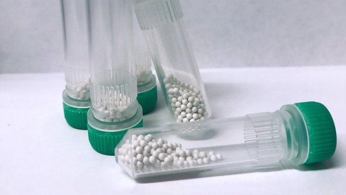 five test tubes with white beads in them