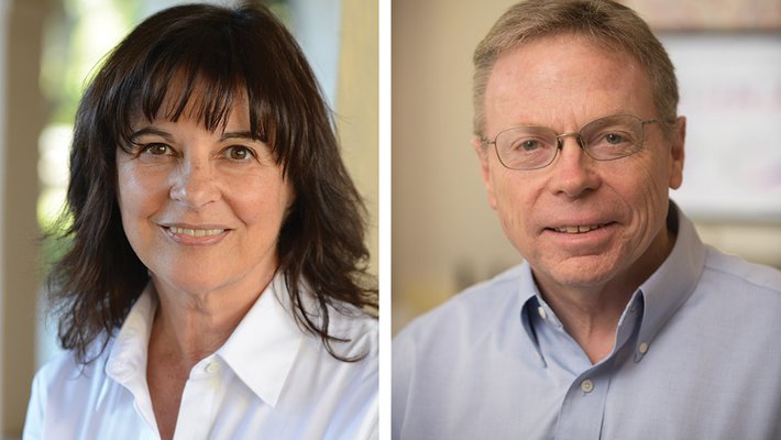 Side-by-side portraits of Jacqueline Barton and David Tirrel