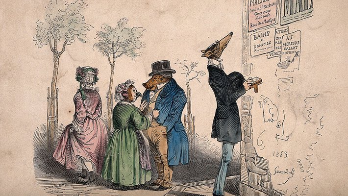 Image of a 19th-century engraving depicting animals dressed in Victorian garb and acting as humans