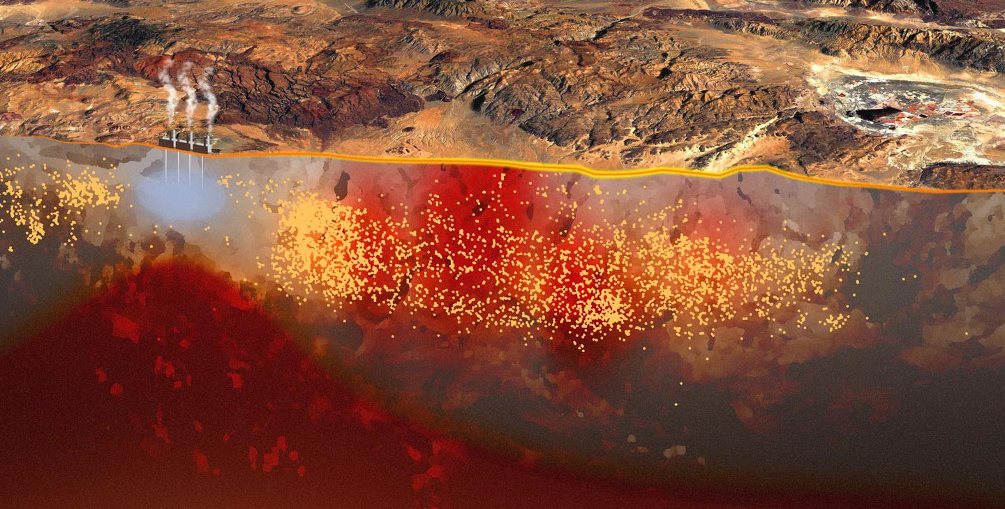 A superposition of the geologic area surrounding Ridgecrest with aftershocks shown as dots. There is an absence of aftershocks in the area of the Coso geothermal field.