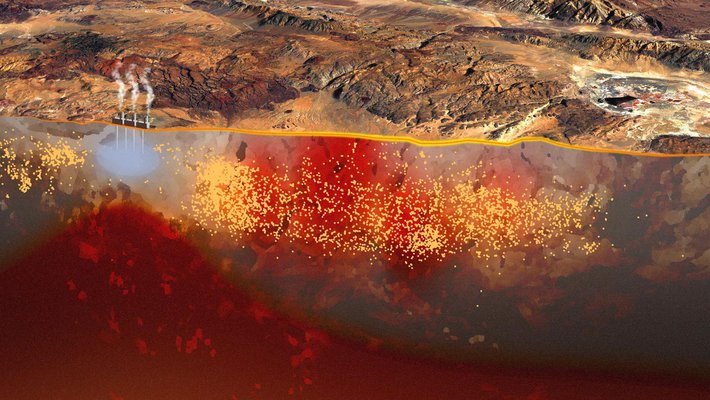 A superposition of the geologic area surrounding Ridgecrest with aftershocks shown as dots. There is an absence of aftershocks in the area of the Coso geothermal field.