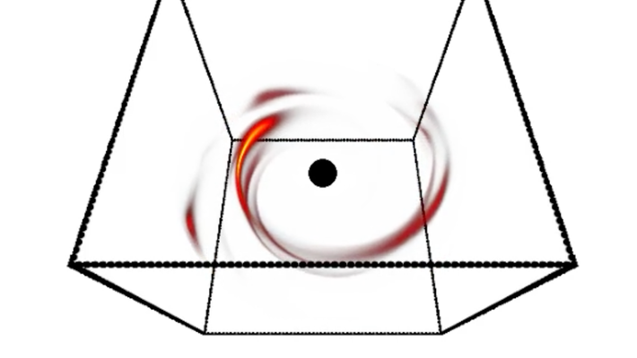 A screen grab from the Bouman team's 3d video of a flare around a black hole. The black hole is represented here as a black circle at the center of a 3D cube outlined in black lines.